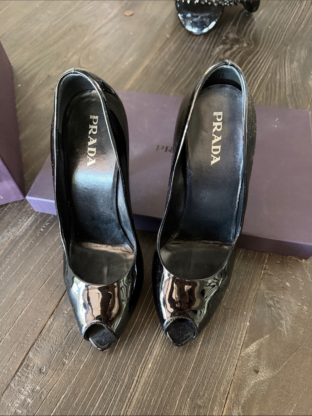 Prada Black Vernice Patent Peep-Toe Pumps